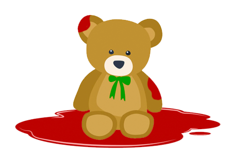 Image of a teddy bear sitting on a pool of blood and covered in some of it as well